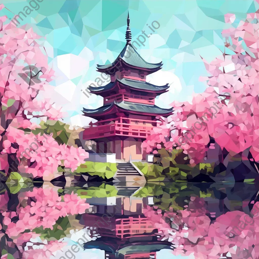 Low poly artwork of a Japanese pagoda amidst cherry blossoms - Image 3