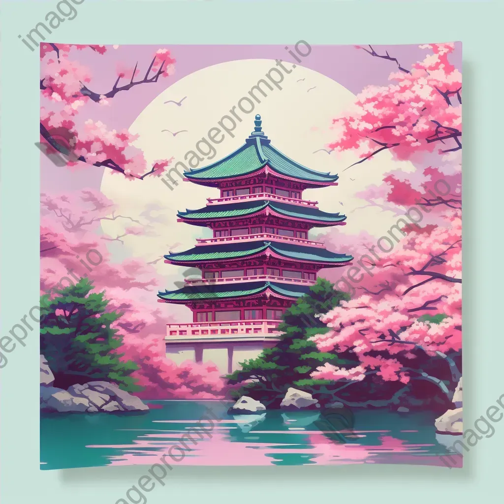 Low poly artwork of a Japanese pagoda amidst cherry blossoms - Image 4