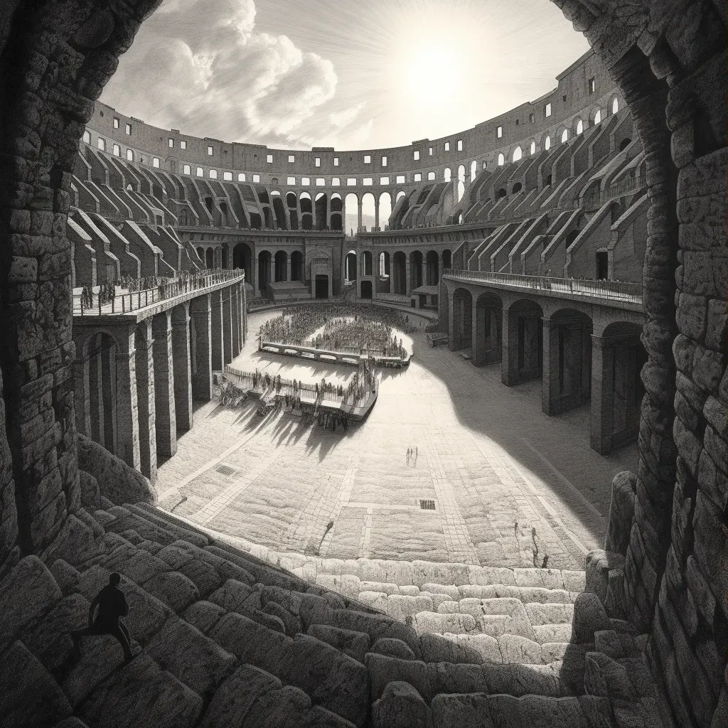 Image of Colosseum archway with sunlight casting shadows on the arena floor - Image 1