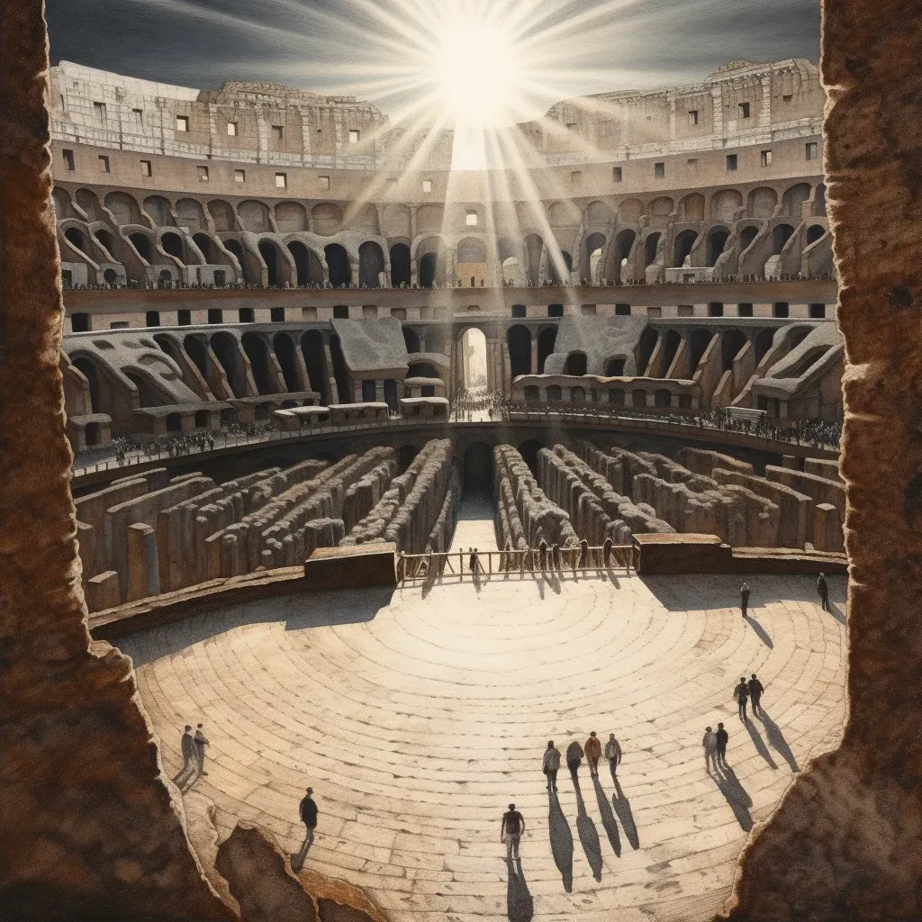 Image of Colosseum archway with sunlight casting shadows on the arena floor - Image 2