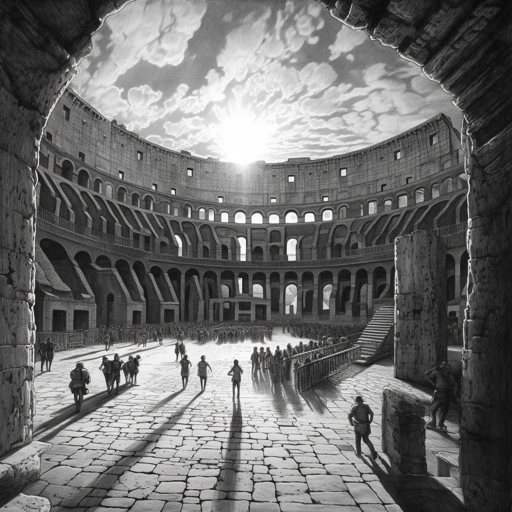 Image of Colosseum archway with sunlight casting shadows on the arena floor - Image 3