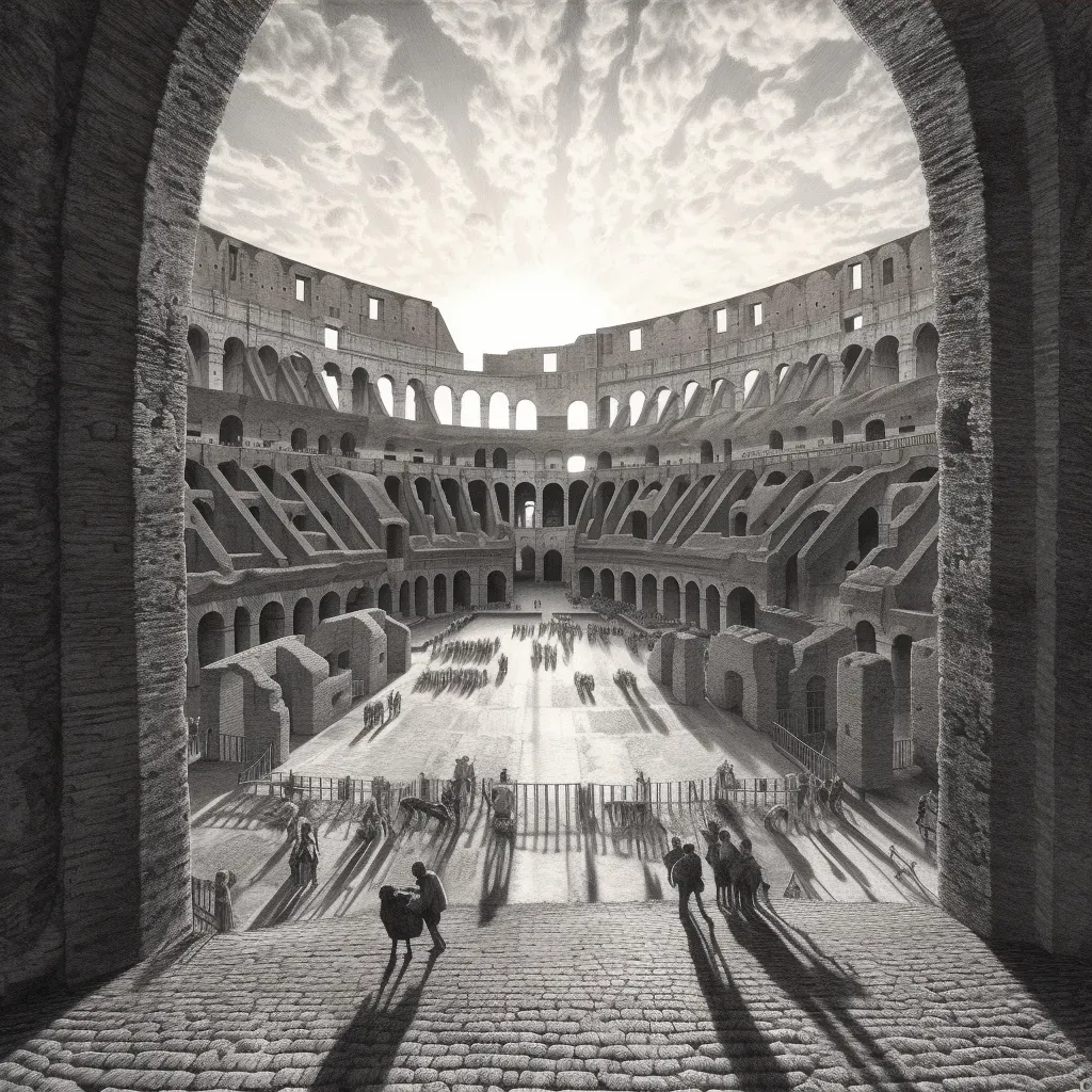 Image of Colosseum archway with sunlight casting shadows on the arena floor - Image 4