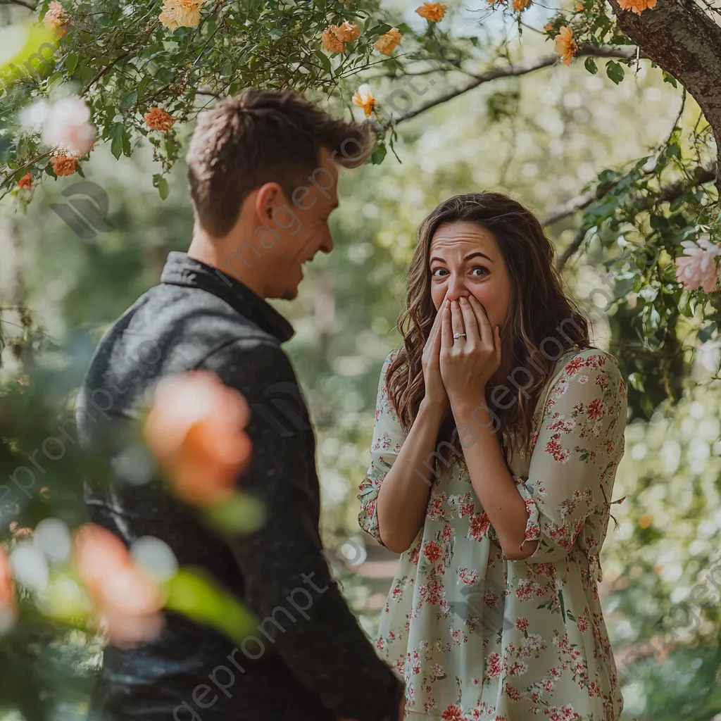 Couple during a surprise proposal in a park - Image 1