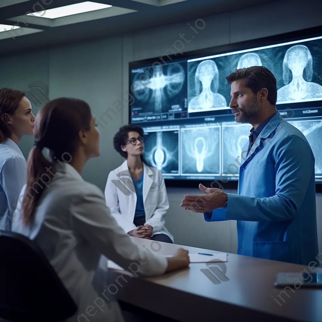 Doctor consulting patients through a large screen in a telehealth clinic. - Image 1
