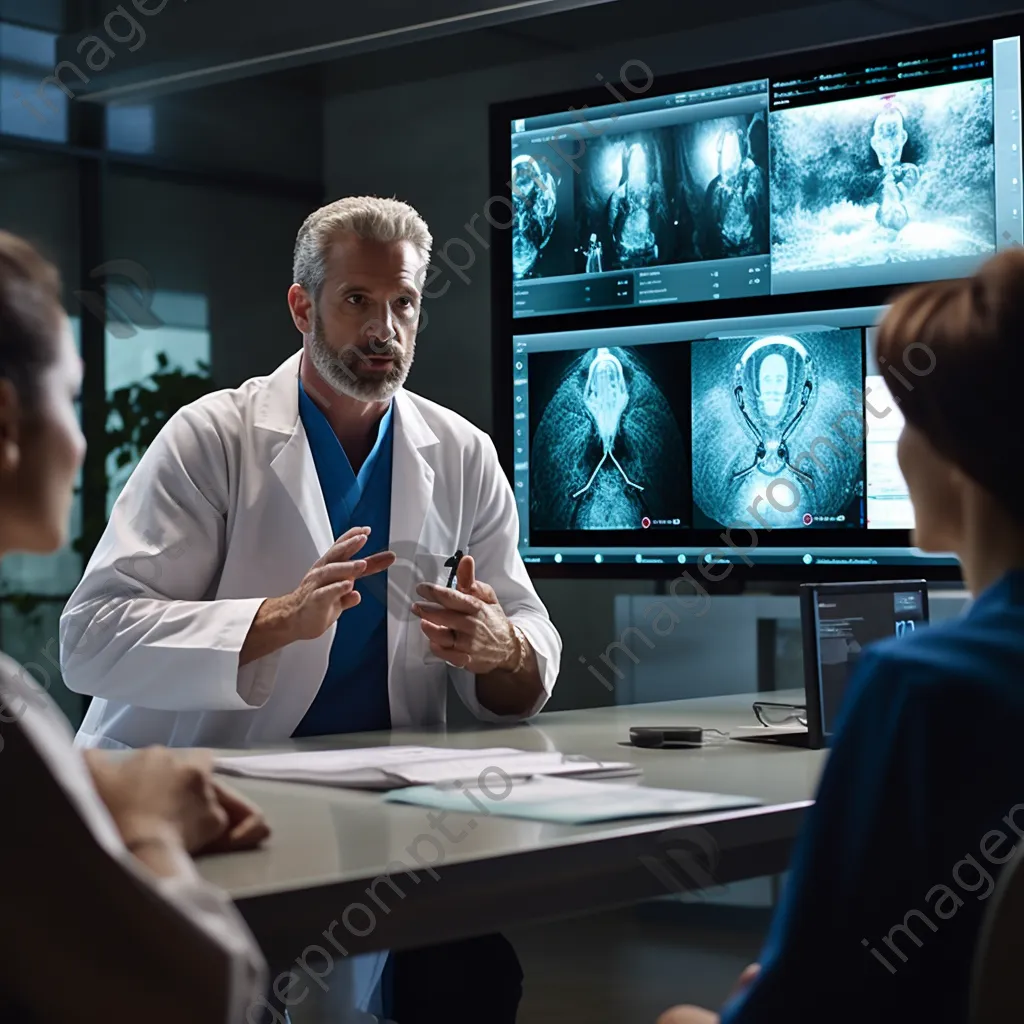 Doctor consulting patients through a large screen in a telehealth clinic. - Image 2