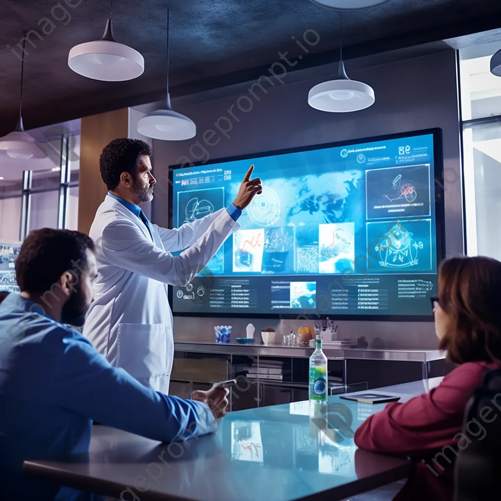 Doctor consulting patients through a large screen in a telehealth clinic. - Image 3