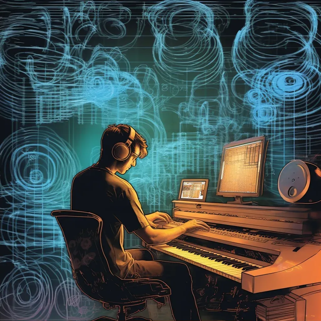 Image of a musician composing on a digital audio workstation with waveforms - Image 2