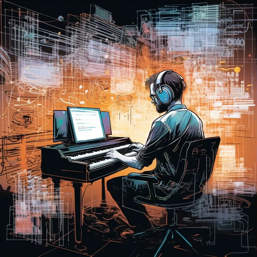 Image of a musician composing on a digital audio workstation with waveforms - Image 3