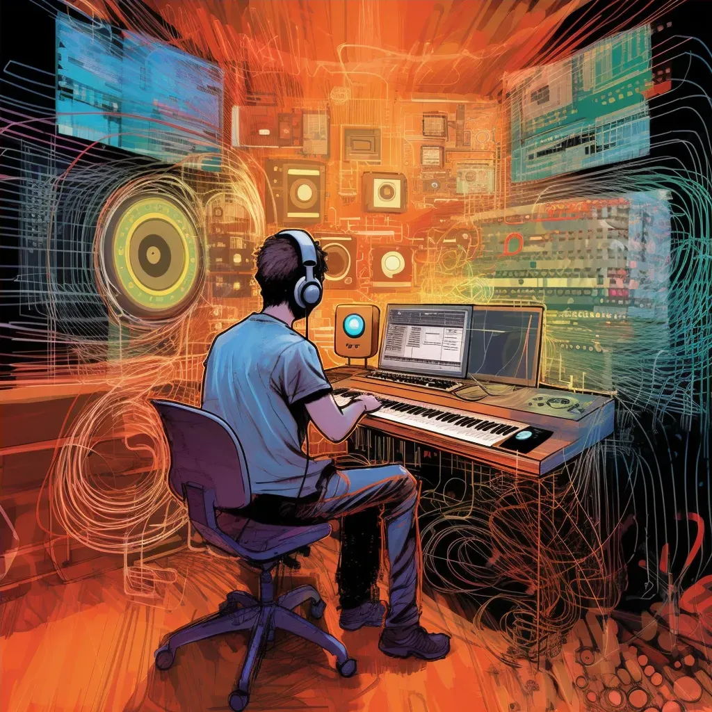 Image of a musician composing on a digital audio workstation with waveforms - Image 4