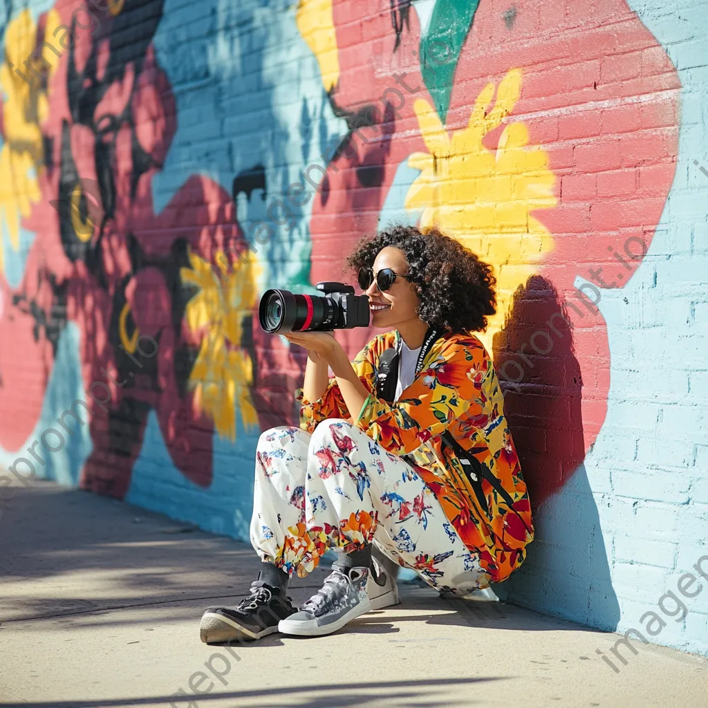 Content creator capturing lifestyle videos with a DSLR in a colorful urban setting - Image 1