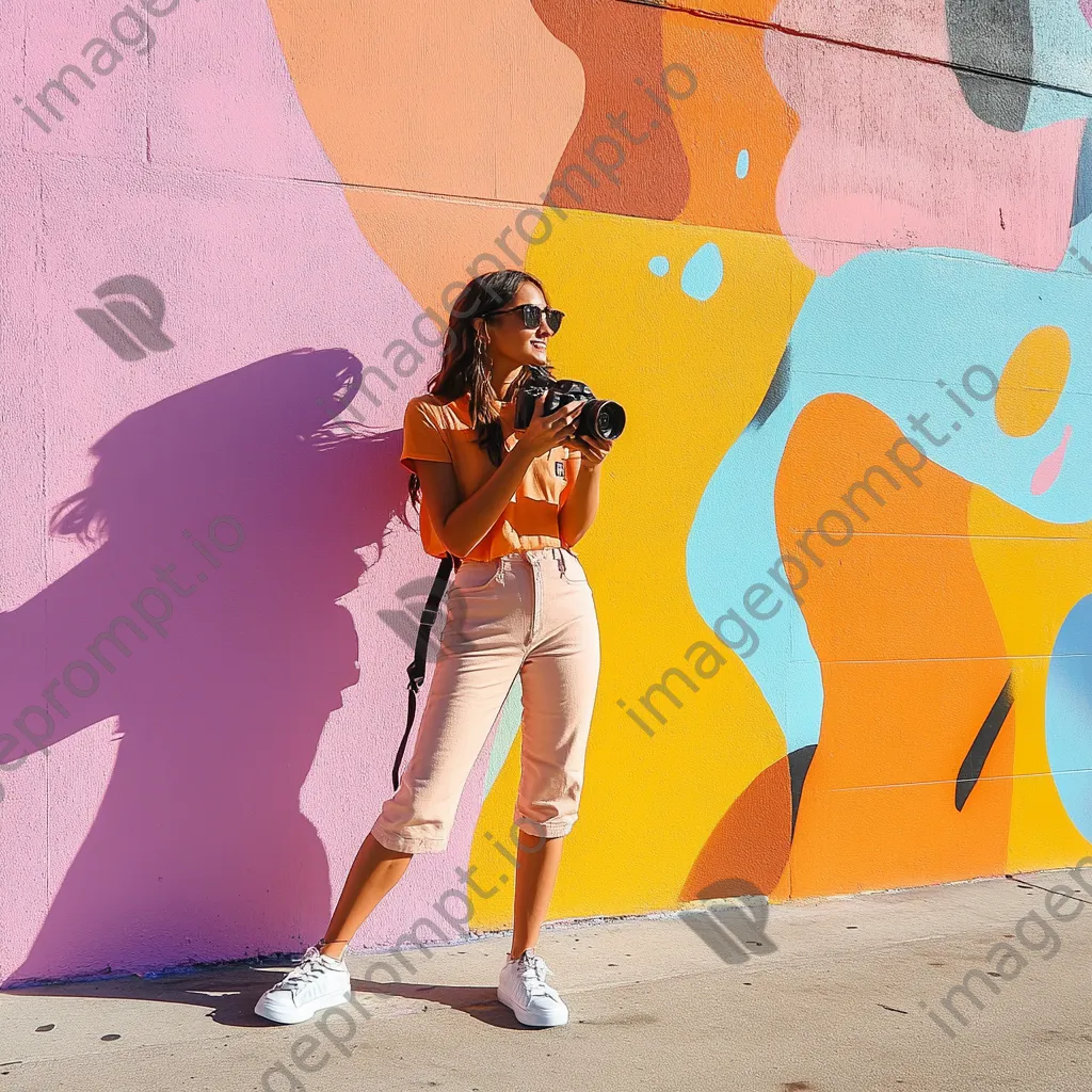 Content creator capturing lifestyle videos with a DSLR in a colorful urban setting - Image 2