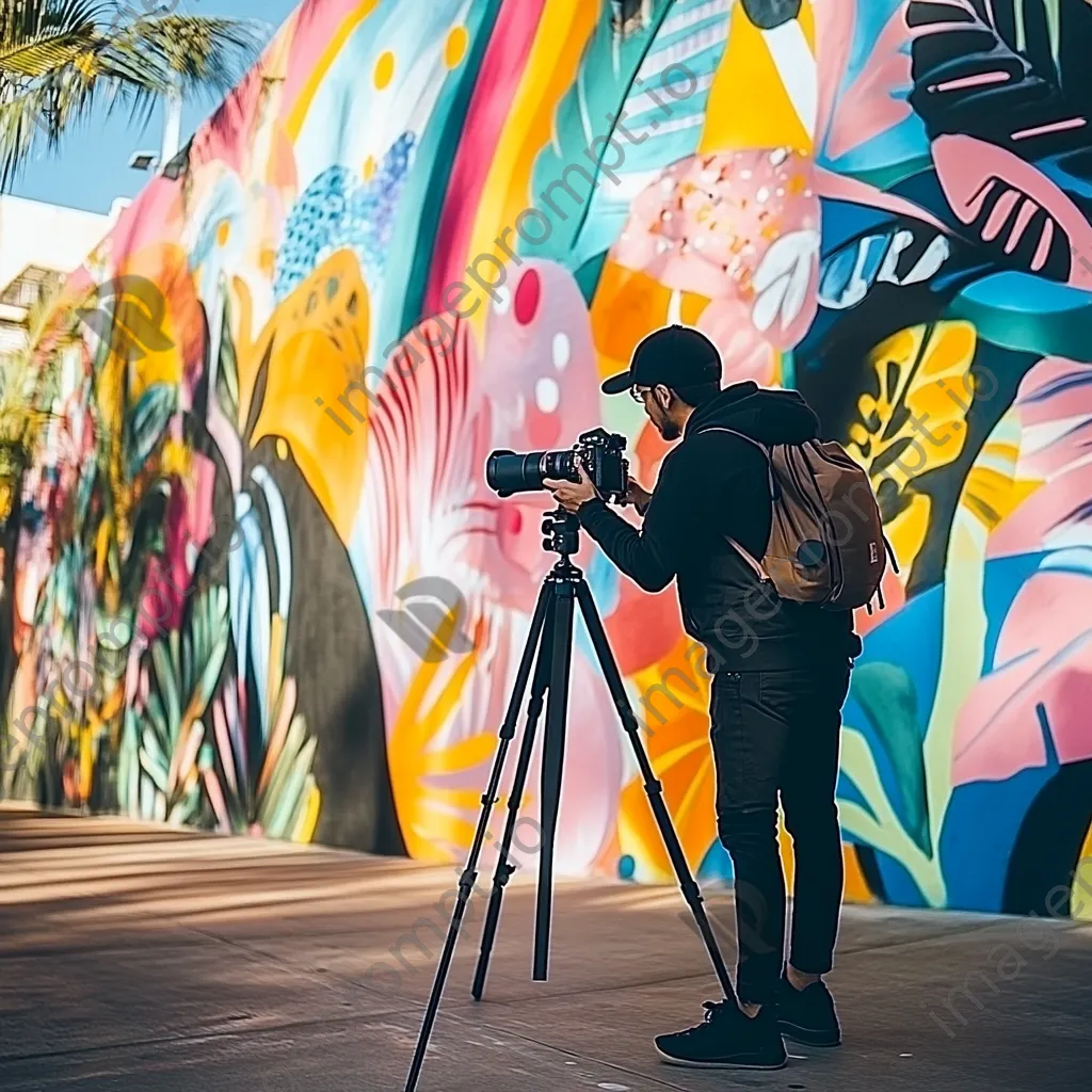 Content creator capturing lifestyle videos with a DSLR in a colorful urban setting - Image 3