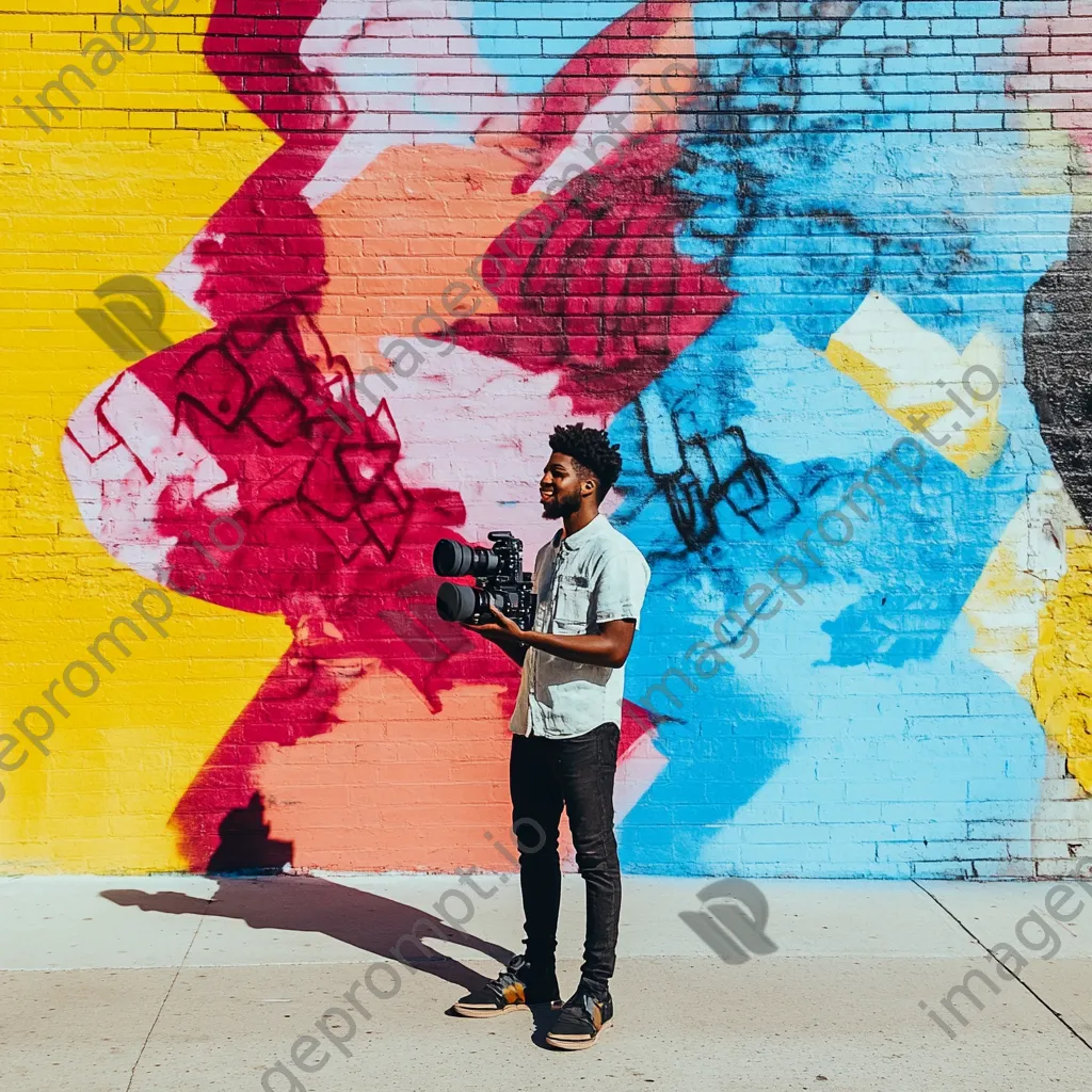 Content creator capturing lifestyle videos with a DSLR in a colorful urban setting - Image 4