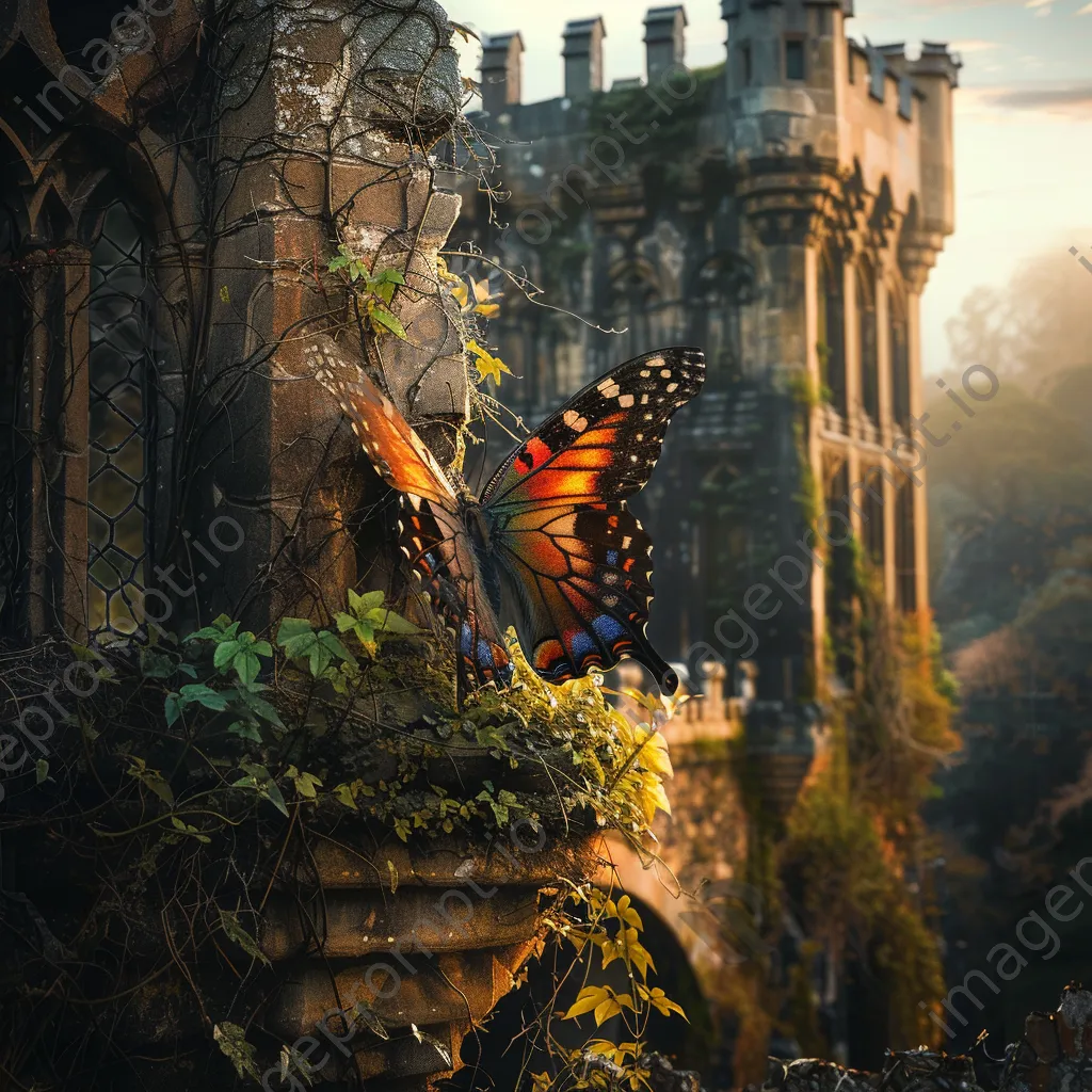 A giant butterfly resting on ancient castle ruins with soft sunlight, creating a surreal scene. - Image 2