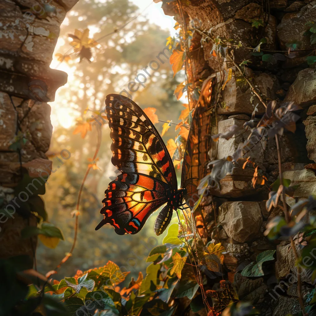 A giant butterfly resting on ancient castle ruins with soft sunlight, creating a surreal scene. - Image 3