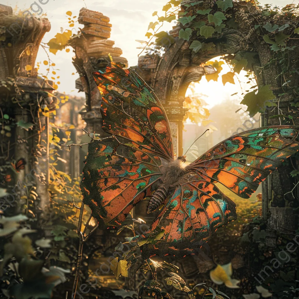 A giant butterfly resting on ancient castle ruins with soft sunlight, creating a surreal scene. - Image 4