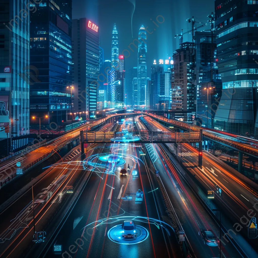 Futuristic city with autonomous vehicles and augmented reality overlays. - Image 1