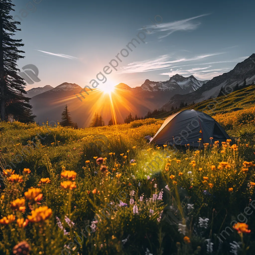 Cozy campsite in an alpine meadow with tent and wildflowers illuminated by sunset. - Image 1