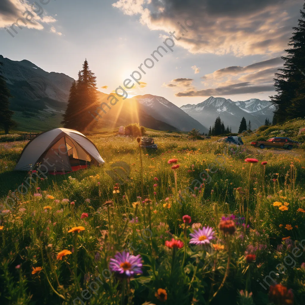 Cozy campsite in an alpine meadow with tent and wildflowers illuminated by sunset. - Image 3