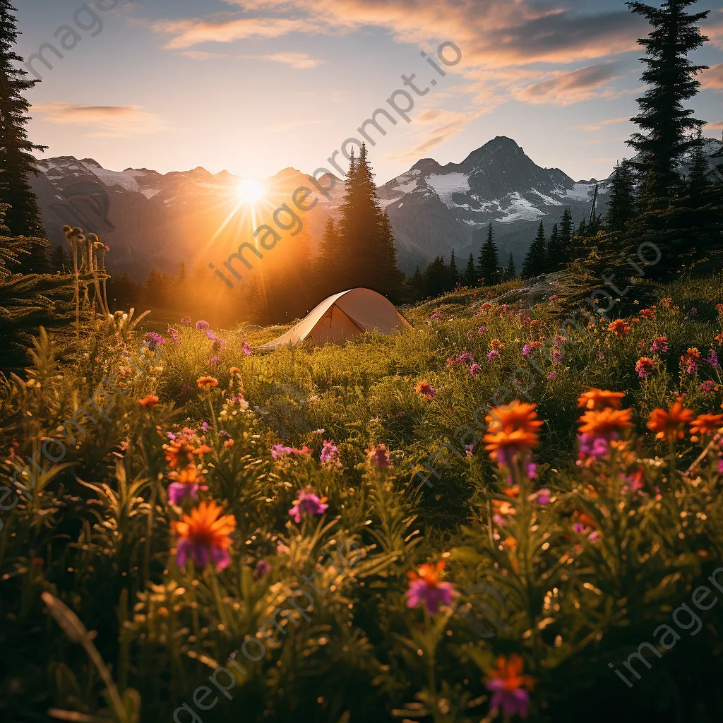 Cozy campsite in an alpine meadow with tent and wildflowers illuminated by sunset. - Image 4