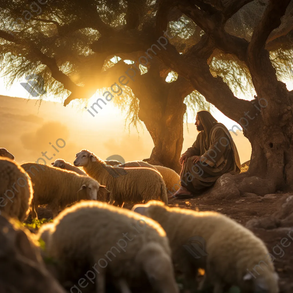 Shepherd resting under an olive tree with grazing sheep at golden hour - Image 1