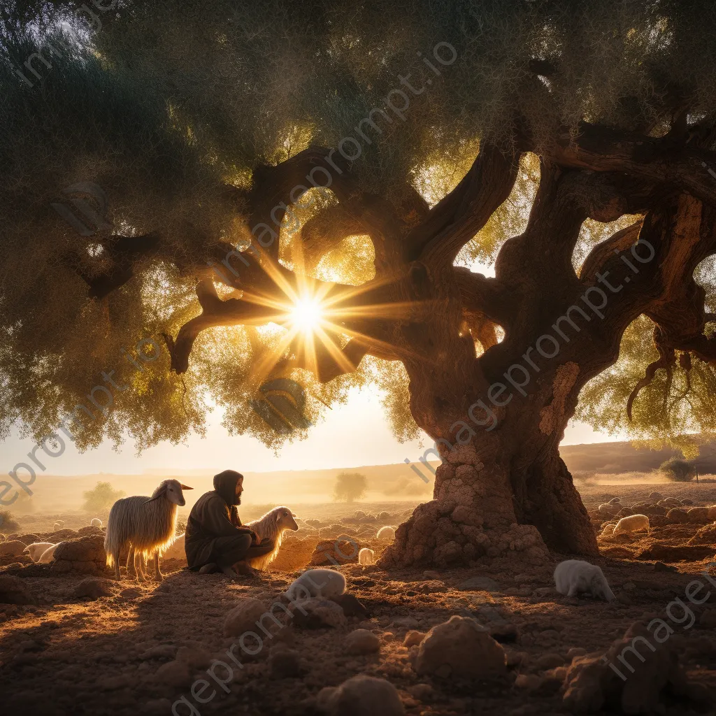 Shepherd resting under an olive tree with grazing sheep at golden hour - Image 2