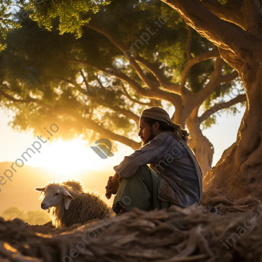 Shepherd resting under an olive tree with grazing sheep at golden hour - Image 3