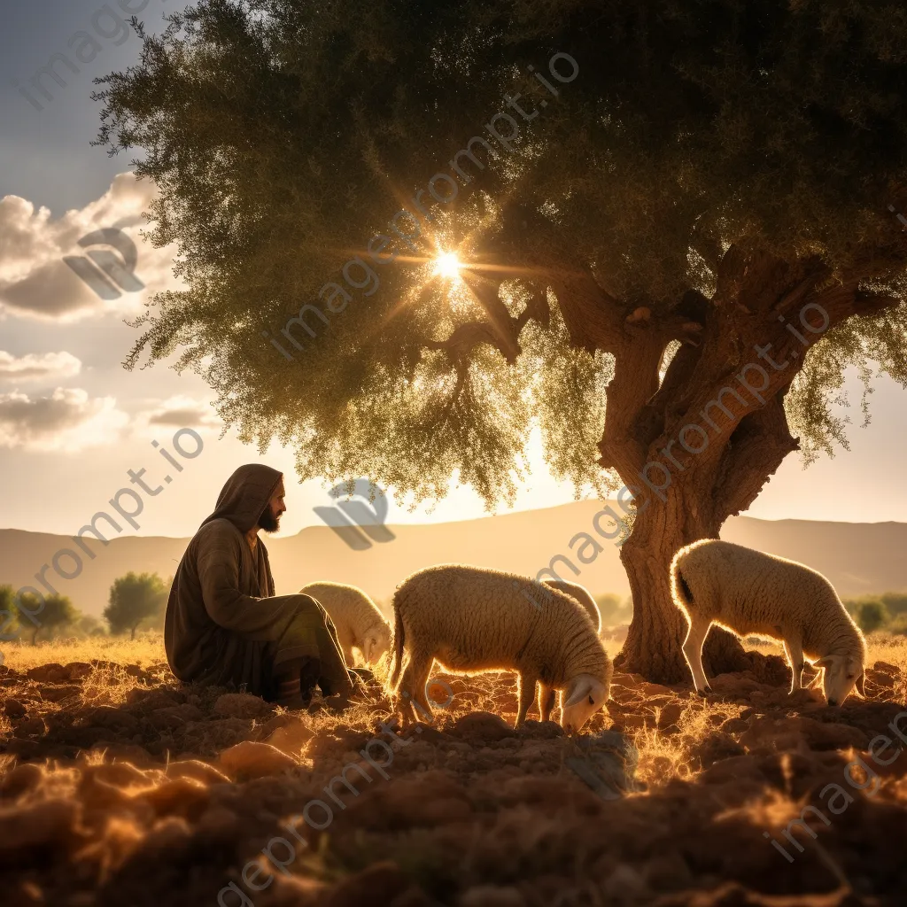 Shepherd resting under an olive tree with grazing sheep at golden hour - Image 4