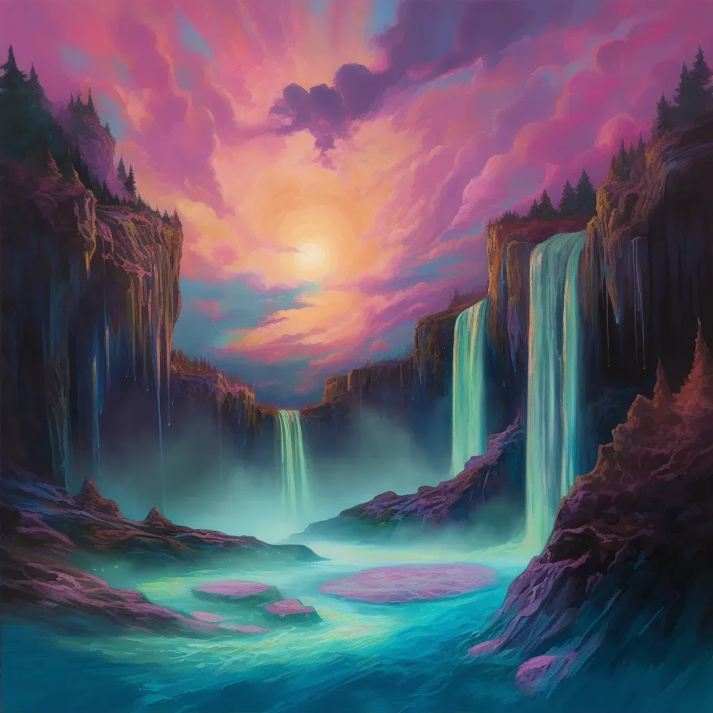 Image of surreal waterfalls flowing upwards towards a radiant sky in a dreamlike landscape - Image 2