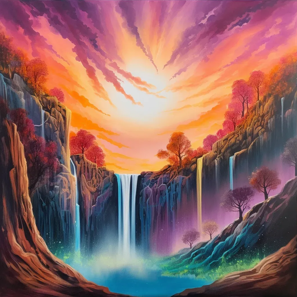 Image of surreal waterfalls flowing upwards towards a radiant sky in a dreamlike landscape - Image 3