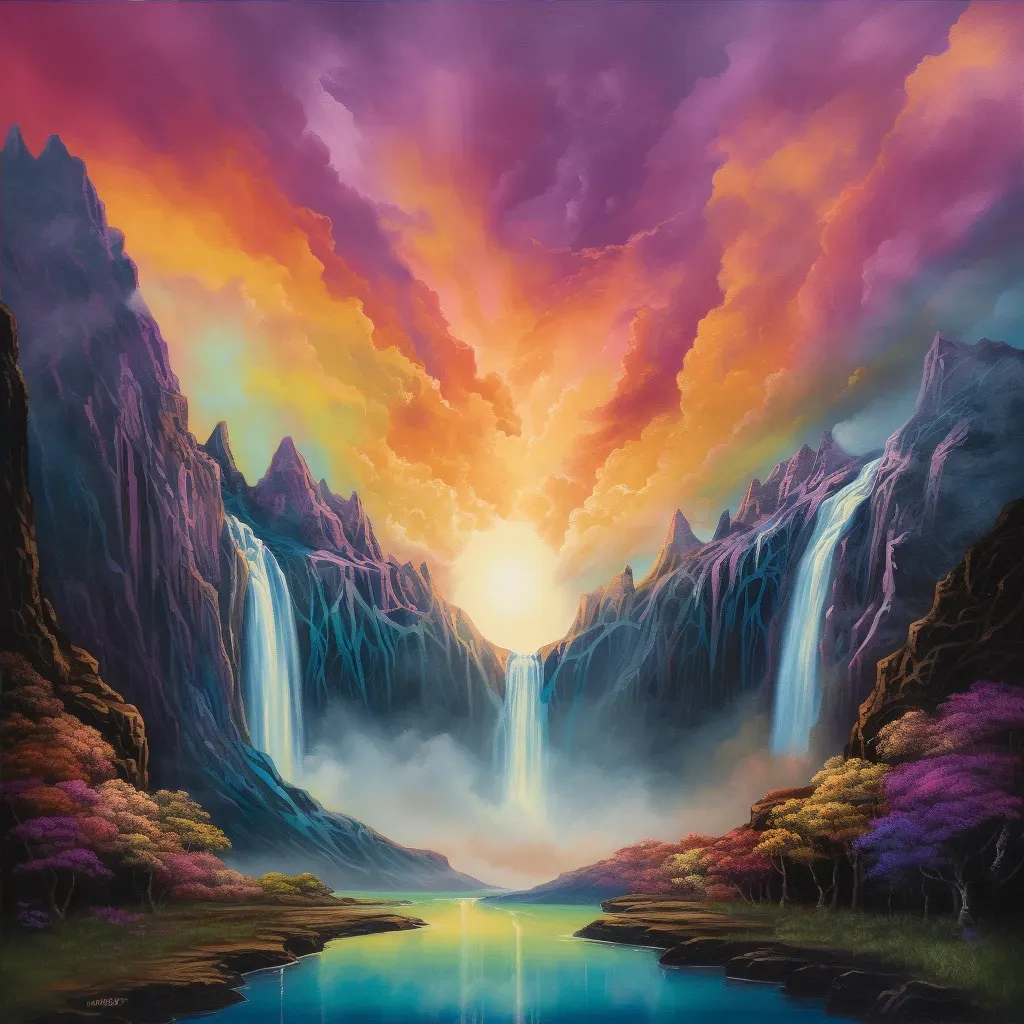 Image of surreal waterfalls flowing upwards towards a radiant sky in a dreamlike landscape - Image 4