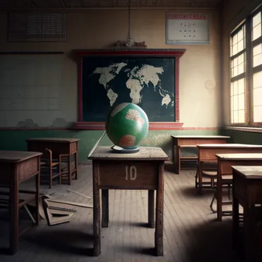 Vintage classroom with wooden desks, chalkboard, and globe - Image 1