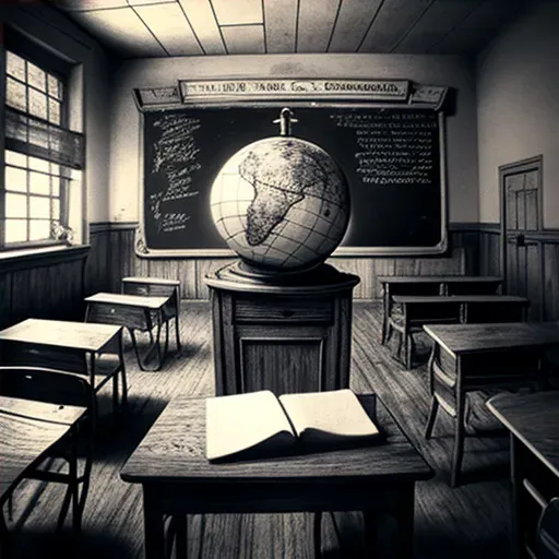 Vintage classroom with wooden desks, chalkboard, and globe - Image 4