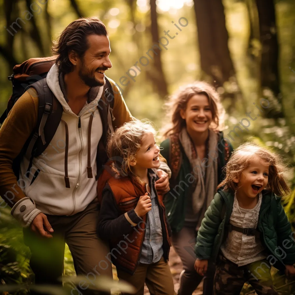 Family hiking together in a forest, children exploring nature. - Image 1