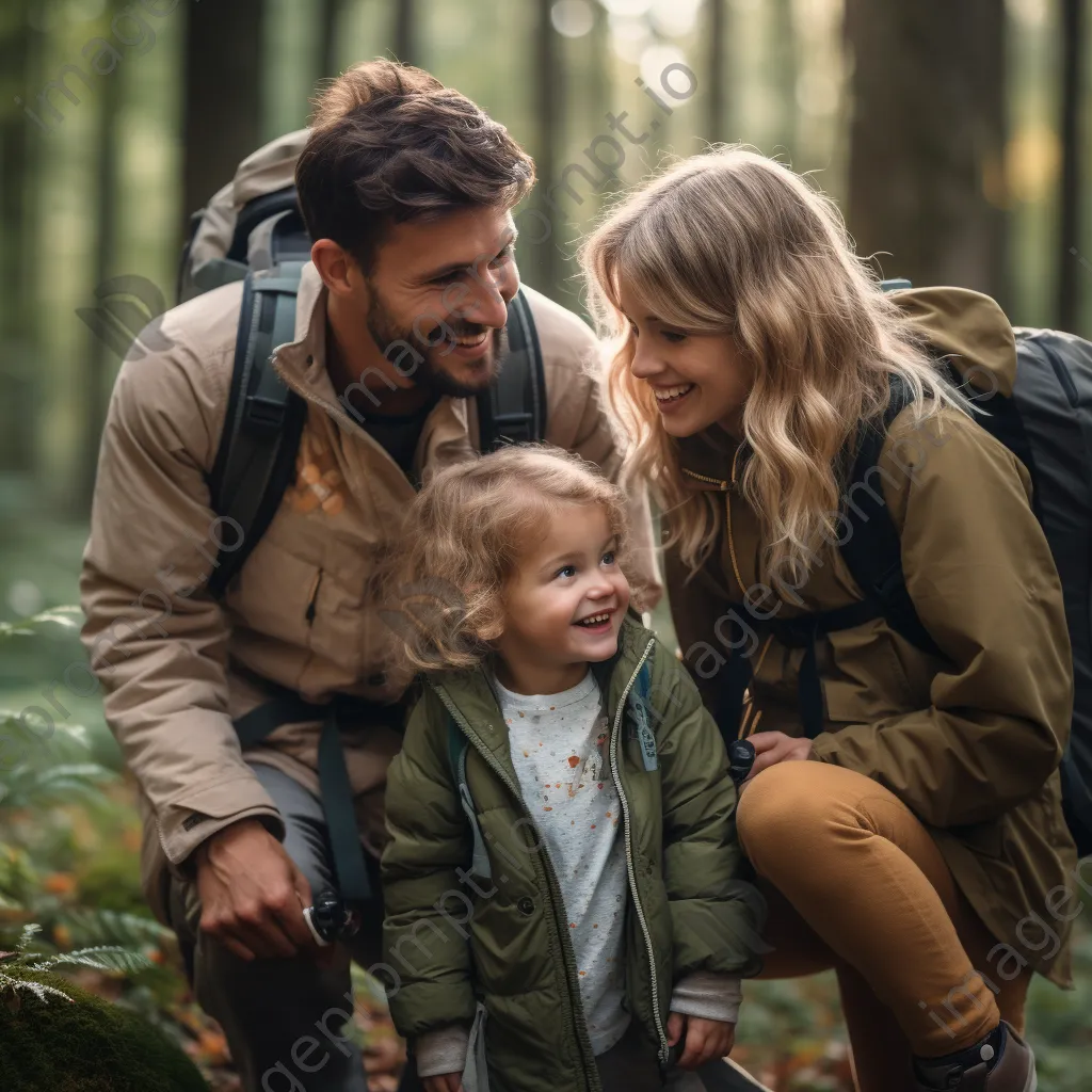 Family hiking together in a forest, children exploring nature. - Image 2