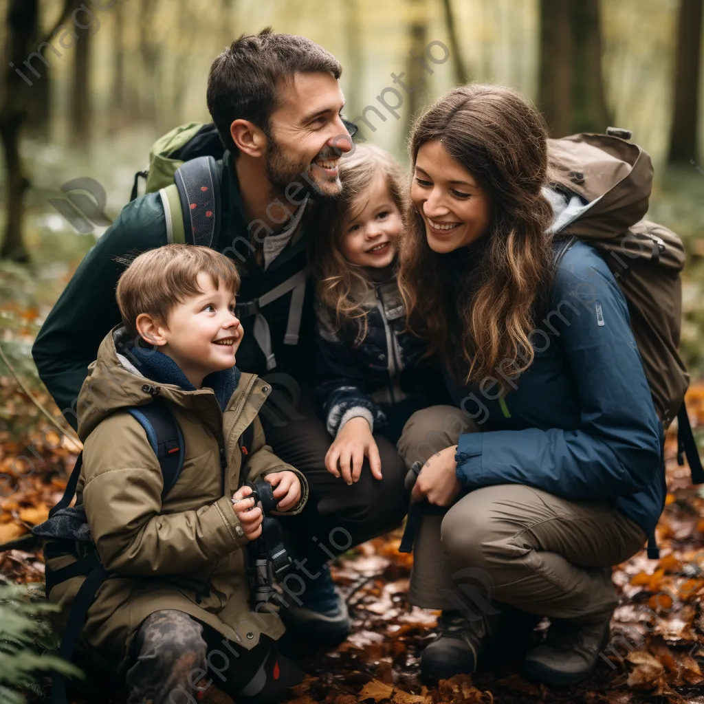 Family hiking together in a forest, children exploring nature. - Image 3