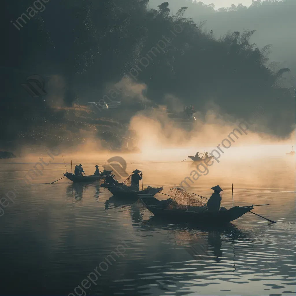 Local fishermen casting nets on the village lake at dawn - Image 1