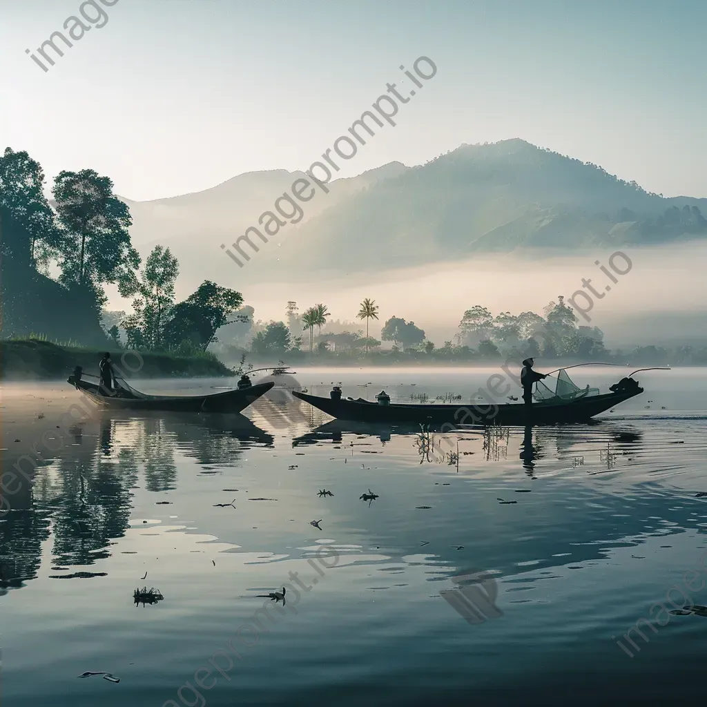 Local fishermen casting nets on the village lake at dawn - Image 2