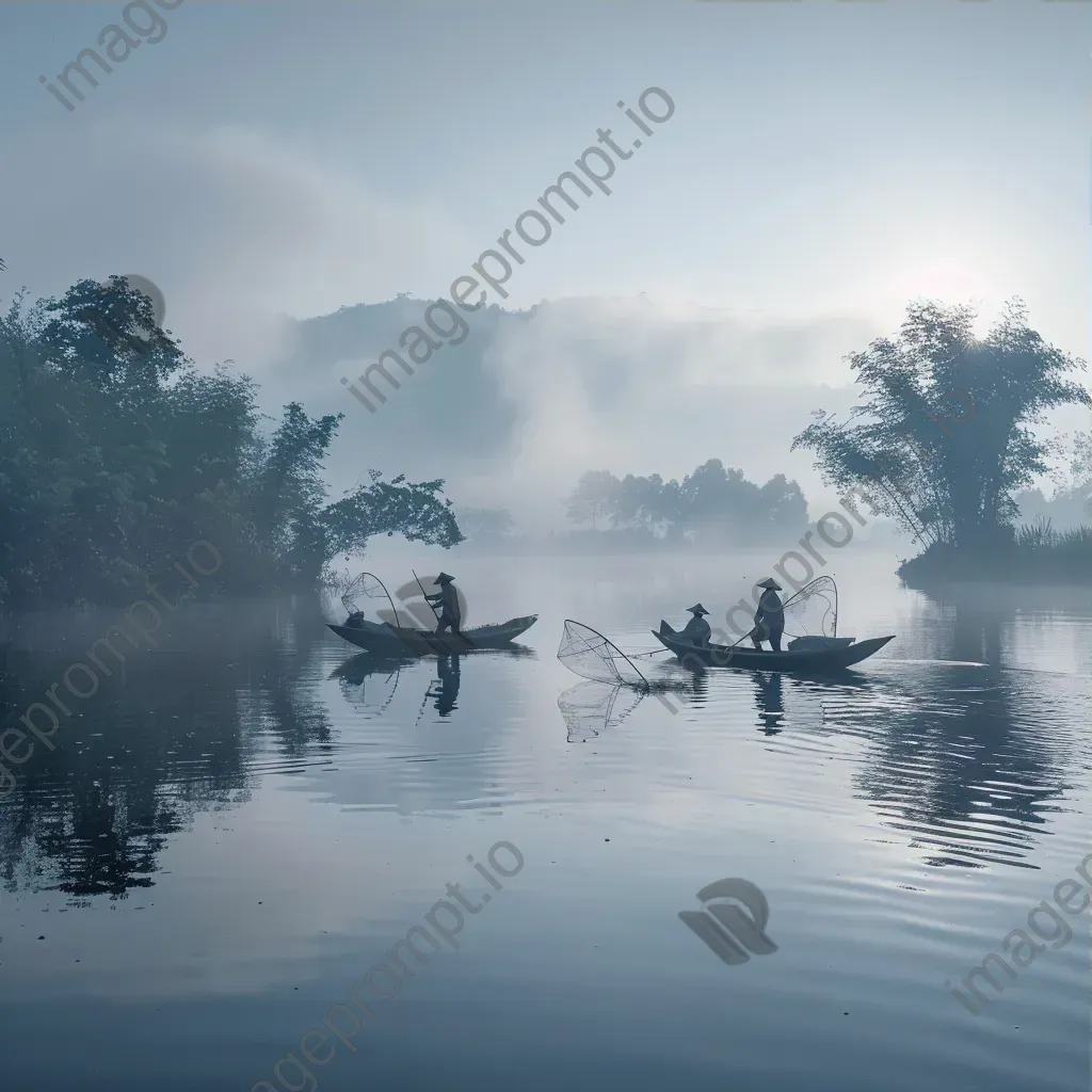 Local fishermen casting nets on the village lake at dawn - Image 3