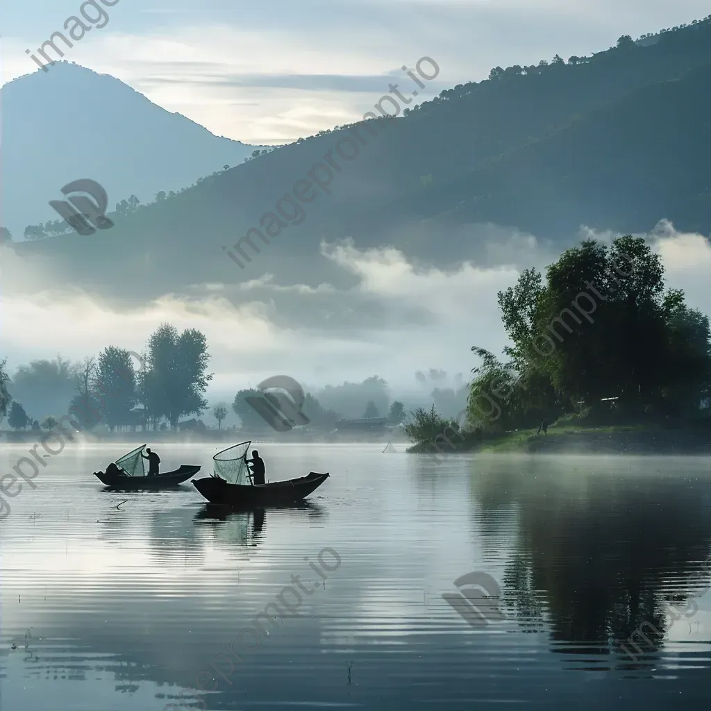 Local fishermen casting nets on the village lake at dawn - Image 4