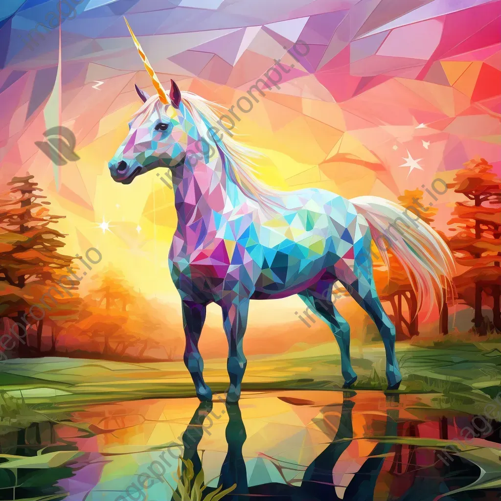 Polygonal unicorn in pastels traversing a vibrant spring meadow - Image 1