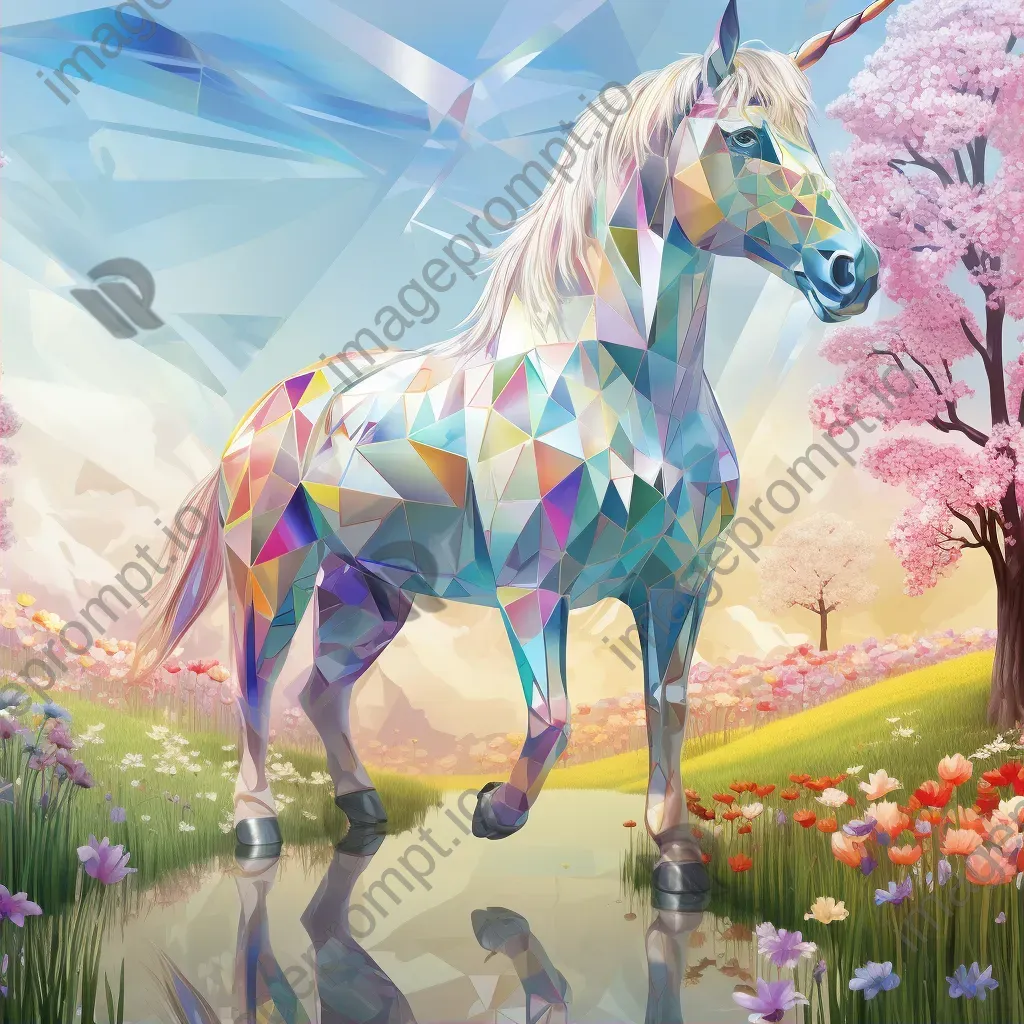 Polygonal unicorn in pastels traversing a vibrant spring meadow - Image 2