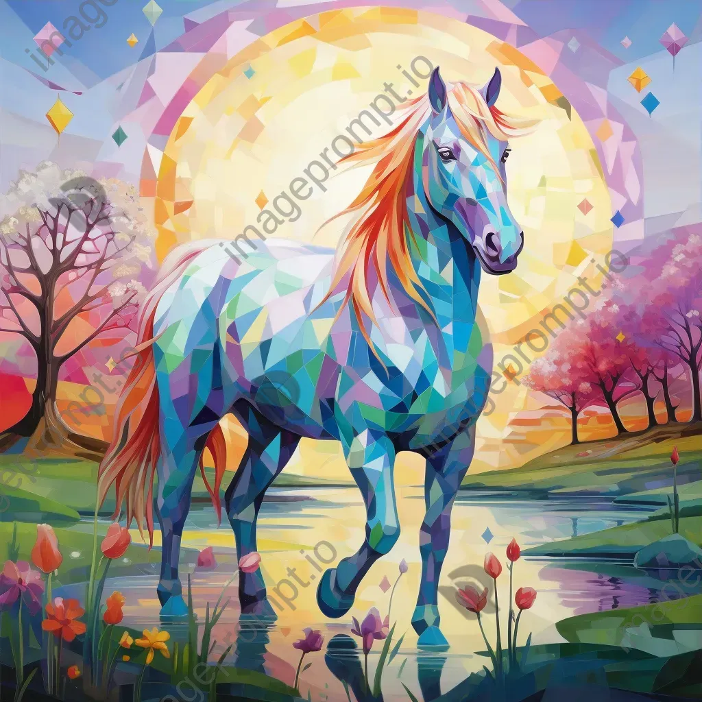 Polygonal unicorn in pastels traversing a vibrant spring meadow - Image 3