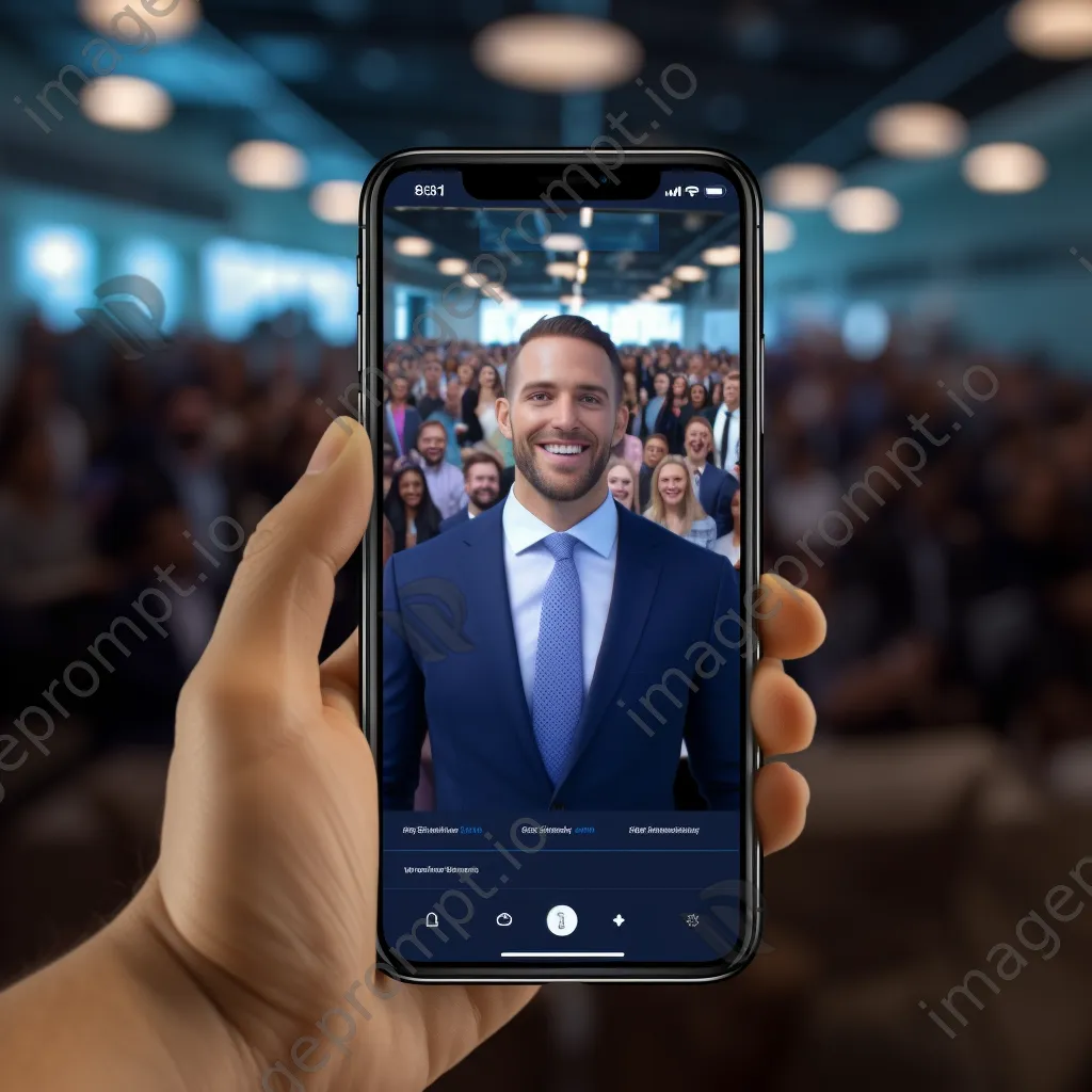 Smartphone showing networking app with conference crowd in background - Image 1