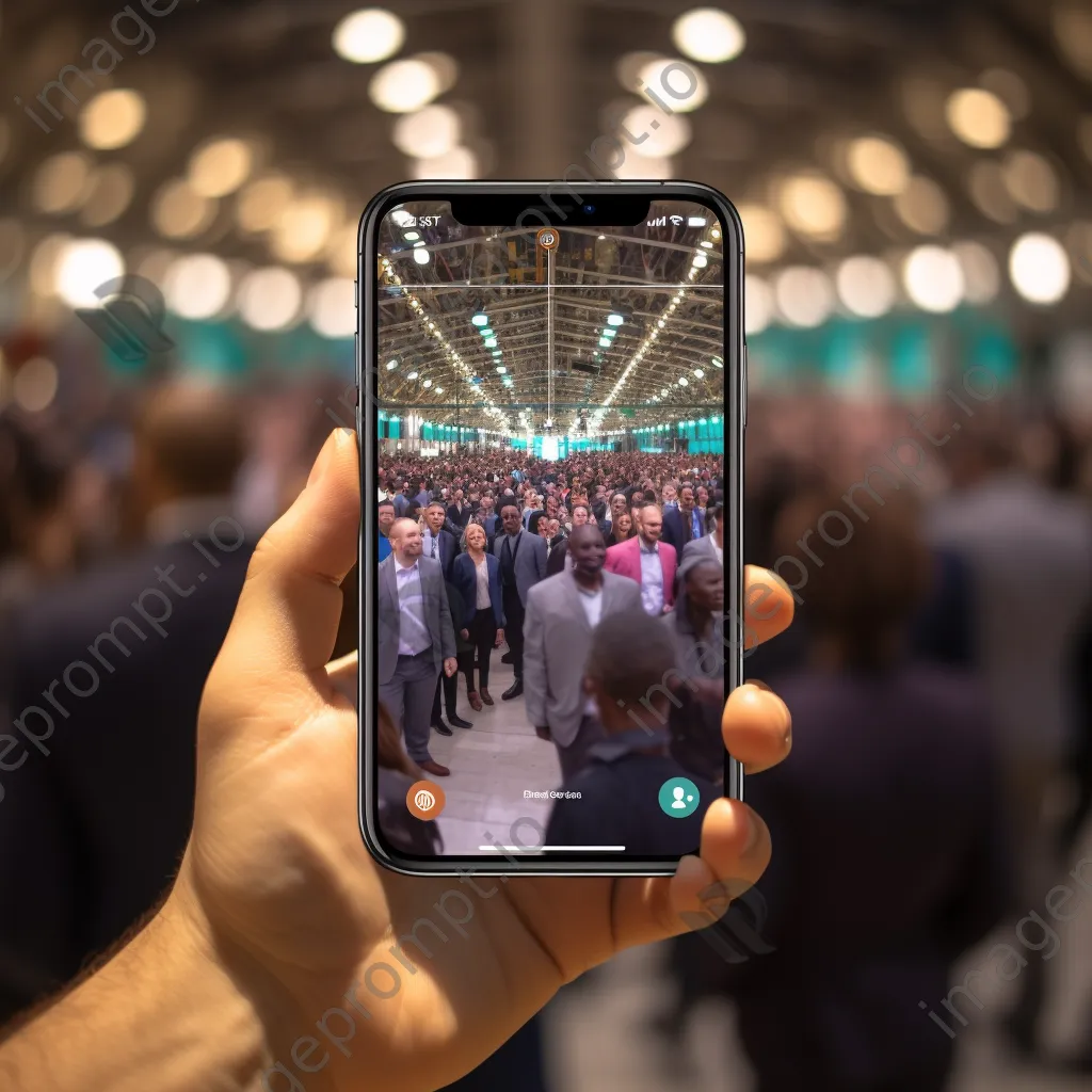 Smartphone showing networking app with conference crowd in background - Image 2