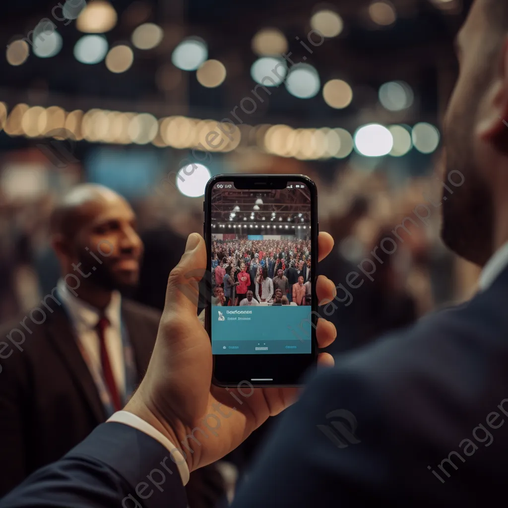 Smartphone showing networking app with conference crowd in background - Image 3