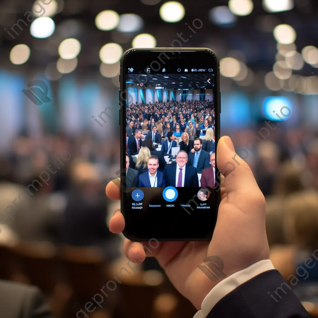 Smartphone showing networking app with conference crowd in background - Image 4