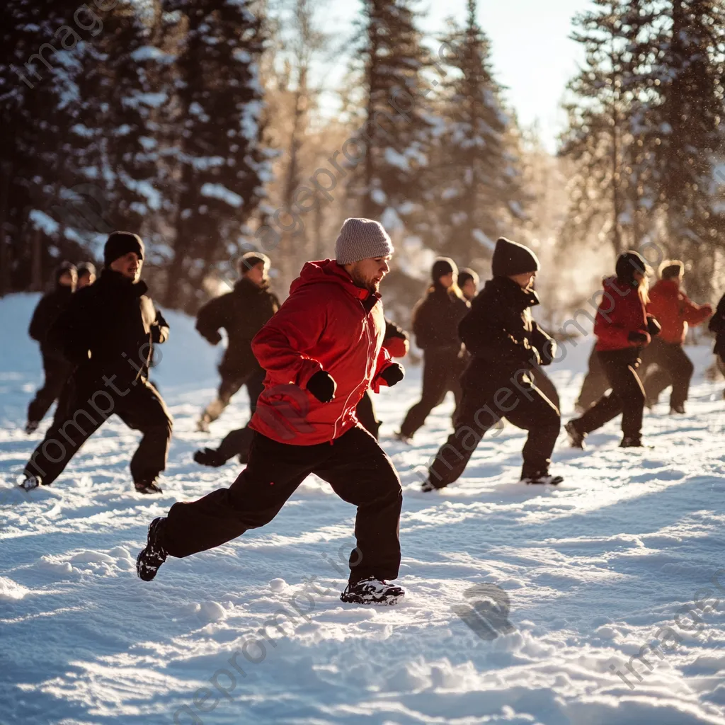 Group of participants doing outdoor workout exercises in the snow during winter. - Image 1