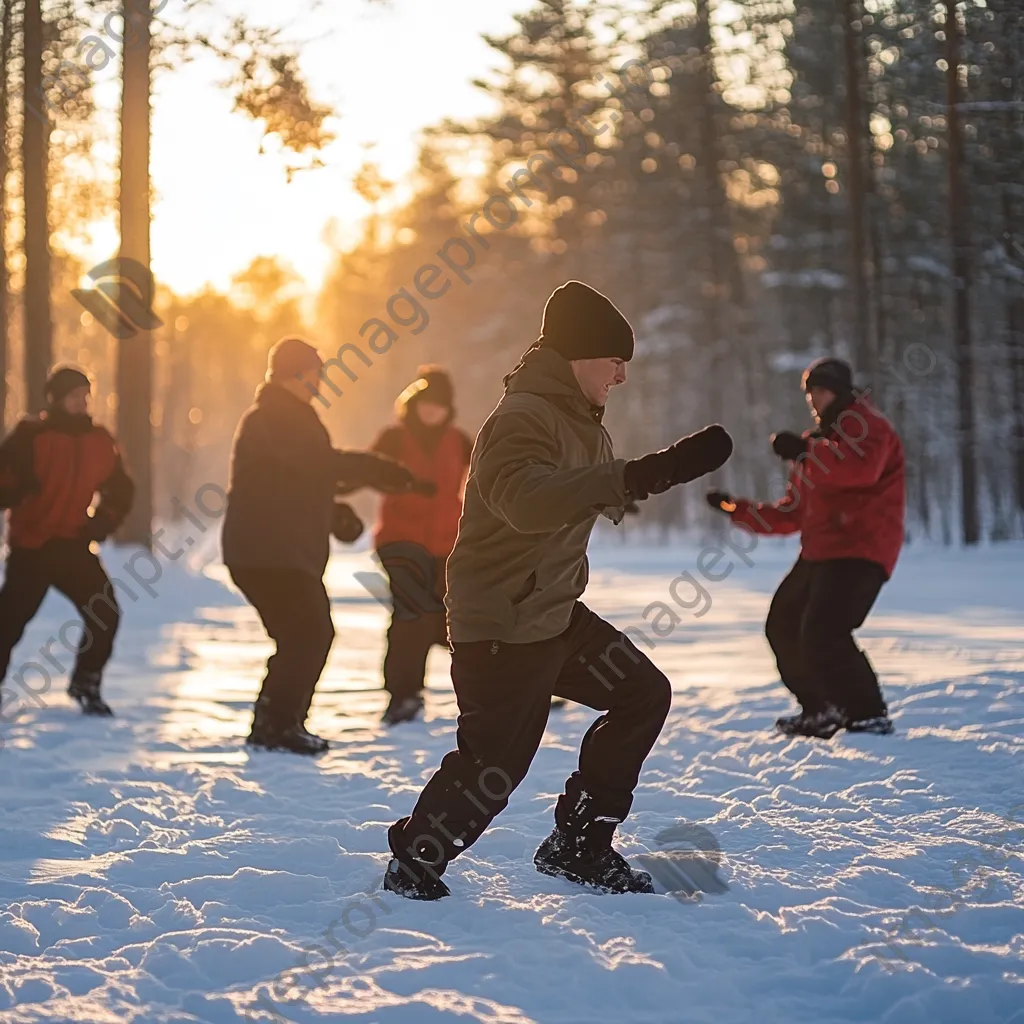 Group of participants doing outdoor workout exercises in the snow during winter. - Image 2