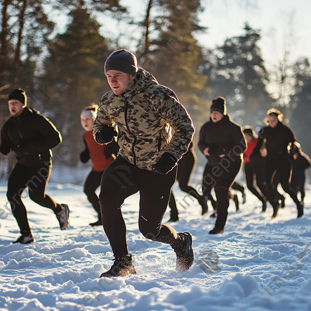 Group of participants doing outdoor workout exercises in the snow during winter. - Image 4